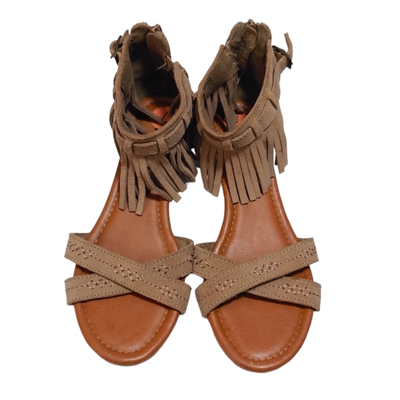 Minnetonka Tan Brown Suede Ankle Fringe Wedge Sandal Women's Size 7 - Picture 4 of 6